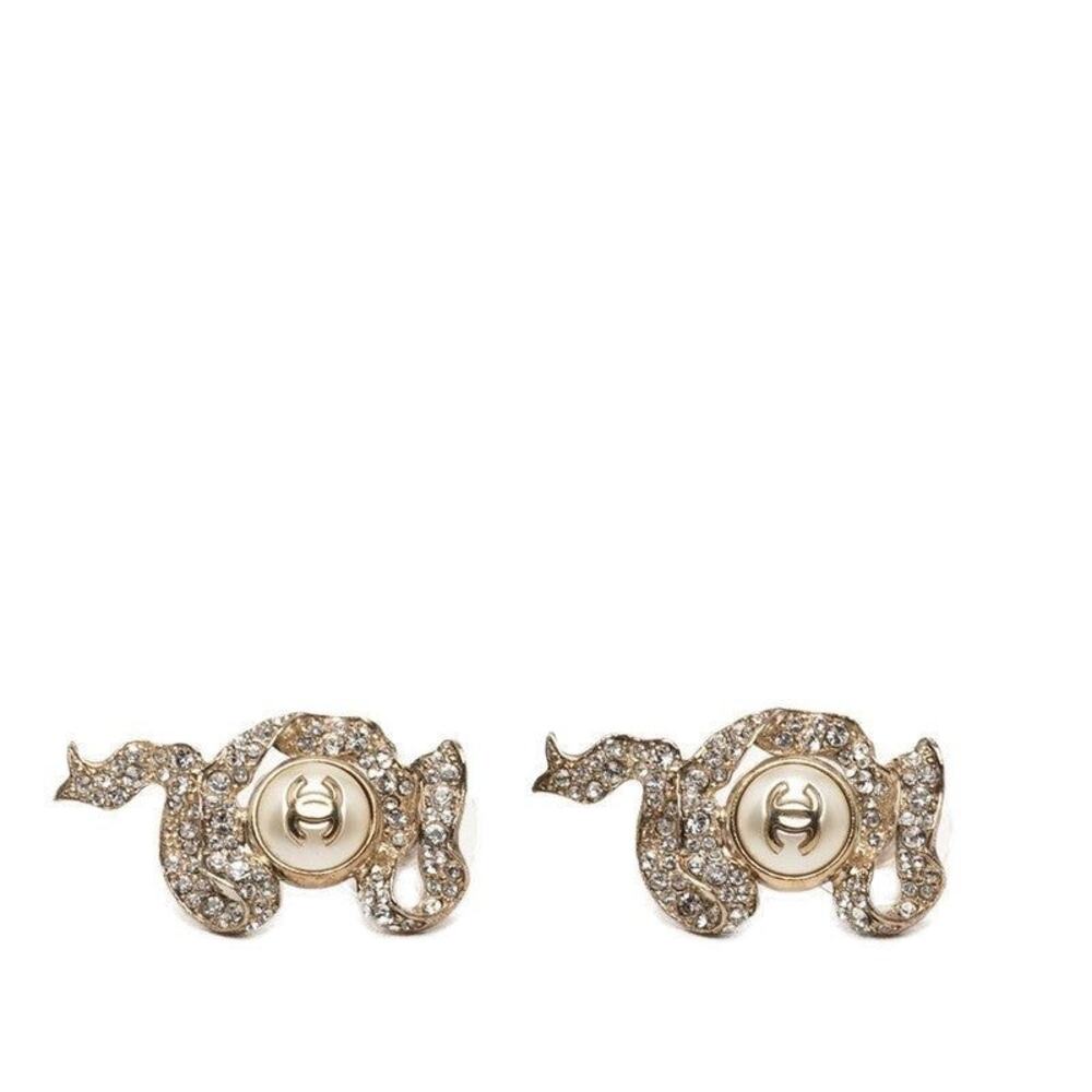 Chanel CC Logo Ribbon Motif Pierced Earrings Gold Plated Faux Pearl Rhinestone
